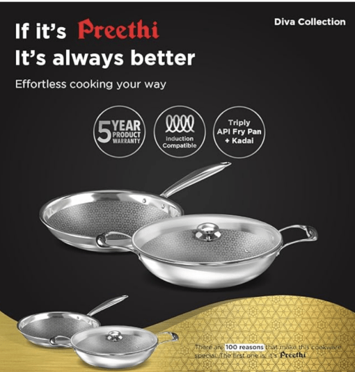 ‎Preethi Diva Collection Triply Stainless Steel Set with API Technology, 26 cm Kadai, 26 cm Fry Pan, Gas & Induction Compatible,with Glass Lid, Metal Spatula Friendly with 5 Year Product Warranty - Image 2